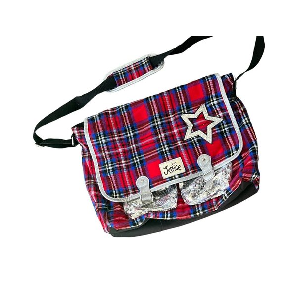 Justice plaid glitter Star laptop messenger bag NEW - Picture 1 of 11